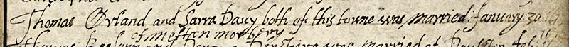 Thomas Orland marries Sarah Davy 1673